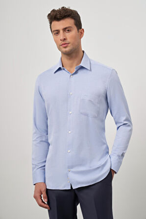 Mavi Uzun Kol Kendinden Desenli Armürlü 041 Sert Yaka Classic Comfort Fit Gömlek 1004245156