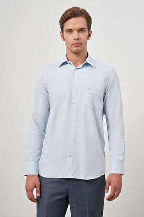 Koyu Mavi Uzun Kol Kendinden Desenli Armürlü 041 Sert Yaka Classic Comfort Fit Gömlek 1004245157