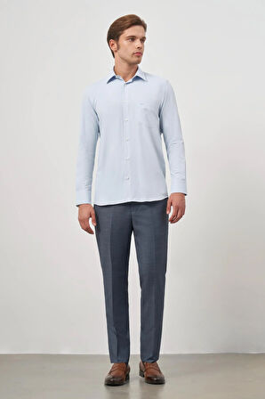 Koyu Mavi Uzun Kol Kendinden Desenli Armürlü 041 Sert Yaka Classic Comfort Fit Gömlek 1004245157