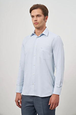 Koyu Mavi Uzun Kol Kendinden Desenli Armürlü 041 Sert Yaka Classic Comfort Fit Gömlek 1004245157