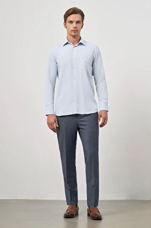 Koyu Mavi Uzun Kol Kendinden Desenli Armürlü 041 Sert Yaka Classic Comfort Fit Gömlek 1004245157