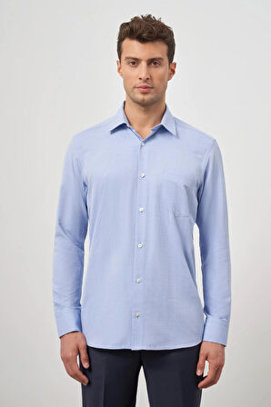 Mavi Uzun Kol Kendinden Desenli Armürlü 041 Sert Yaka Classic Comfort Fit Gömlek 1004245157