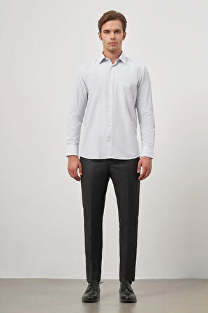 Beyaz Uzun Kol Kareli Desen Bez Ayağı Sert Yaka Cepli Pamuklu Classic Comfort Fit Gömlek 1004245159