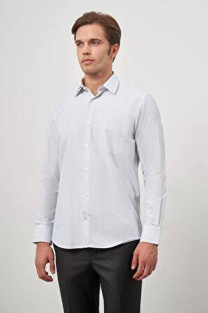 Beyaz Uzun Kol Kareli Desen Bez Ayağı Sert Yaka Cepli Pamuklu Classic Comfort Fit Gömlek 1004245159