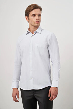 Beyaz Uzun Kol Kareli Desen Bez Ayağı Sert Yaka Cepli Pamuklu Classic Comfort Fit Gömlek 1004245159