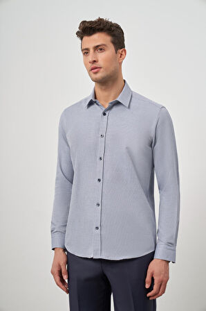 Koyu Lacivert Uzun Kol Kendinden Desenli Armürlü Sert Yaka Cepsiz Pamuklu Classic Slim Fit Gömlek 1004245161