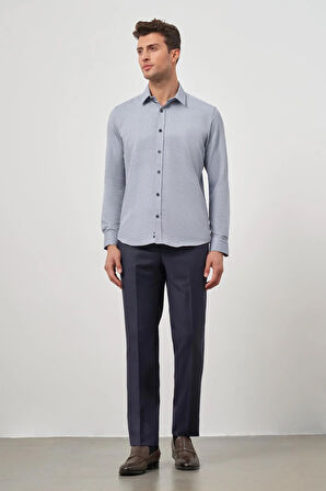 Koyu Lacivert Uzun Kol Kendinden Desenli Armürlü Sert Yaka Cepsiz Pamuklu Classic Slim Fit Gömlek 1004245161
