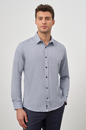 Koyu Lacivert Uzun Kol Kendinden Desenli Armürlü Sert Yaka Cepsiz Pamuklu Classic Slim Fit Gömlek 1004245161