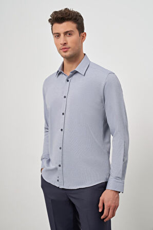 Koyu Lacivert Uzun Kol Kendinden Desenli Armürlü Sert Yaka Cepsiz Pamuklu Classic Slim Fit Gömlek 1004245161