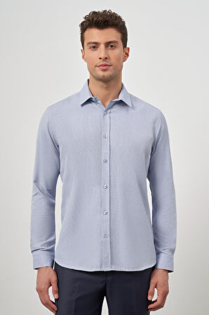 Koyu Mavi Uzun Kol Kendinden Desenli Armürlü Sert Yaka Cepsiz Pamuklu Classic Slim Fit Gömlek 1004245161