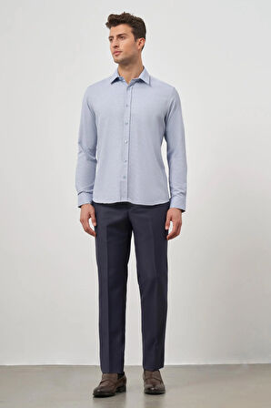 Koyu Mavi Uzun Kol Kendinden Desenli Armürlü Sert Yaka Cepsiz Pamuklu Classic Slim Fit Gömlek 1004245161