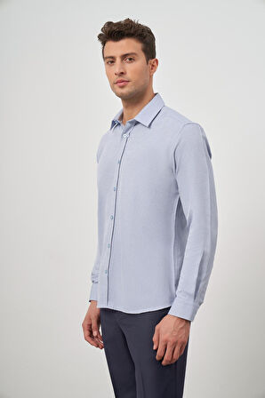 Koyu Mavi Uzun Kol Kendinden Desenli Armürlü Sert Yaka Cepsiz Pamuklu Classic Slim Fit Gömlek 1004245161
