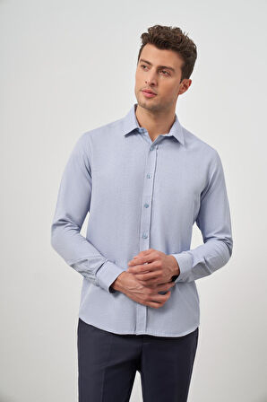 Koyu Mavi Uzun Kol Kendinden Desenli Armürlü Sert Yaka Cepsiz Pamuklu Classic Slim Fit Gömlek 1004245161