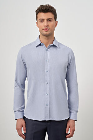 Koyu Mavi Uzun Kol Kendinden Desenli Armürlü Sert Yaka Cepsiz Pamuklu Classic Slim Fit Gömlek 1004245161