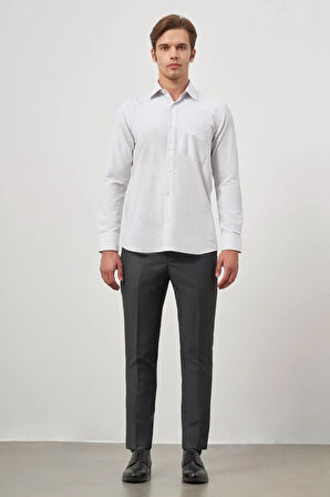 Beyaz Uzun Kol Kareli Desen Bez Ayağı Sert Yaka Cepli Pamuklu Classic Comfort Fit Gömlek 1004245163