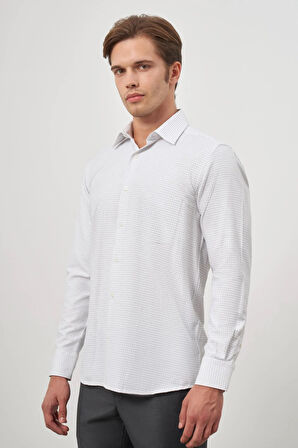 Beyaz Uzun Kol Kareli Desen Bez Ayağı Sert Yaka Cepli Pamuklu Classic Comfort Fit Gömlek 1004245163