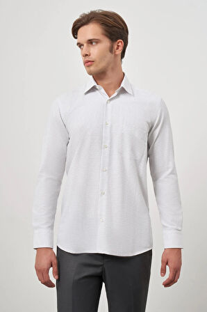 Beyaz Uzun Kol Kareli Desen Bez Ayağı Sert Yaka Cepli Pamuklu Classic Comfort Fit Gömlek 1004245163