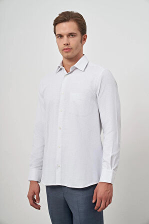 Beyaz Uzun Kol Kareli Desen Bez Ayağı Sert Yaka Cepli Pamuklu Classic Comfort Fit Gömlek 1004245163