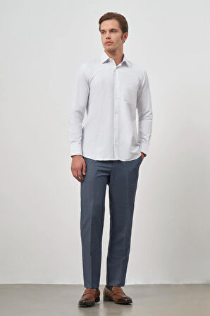 Beyaz Uzun Kol Kareli Desen Bez Ayağı Sert Yaka Cepli Pamuklu Classic Comfort Fit Gömlek 1004245163