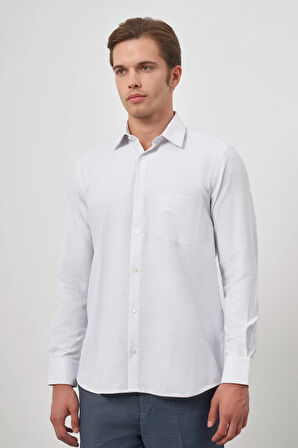 Beyaz Uzun Kol Kareli Desen Bez Ayağı Sert Yaka Cepli Pamuklu Classic Comfort Fit Gömlek 1004245163