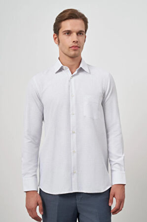 Beyaz Uzun Kol Kareli Desen Bez Ayağı Sert Yaka Cepli Pamuklu Classic Comfort Fit Gömlek 1004245163