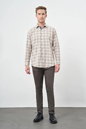 Turuncu Uzun Kol Ekose Desen Gabardin Sert Yaka Cepsiz Pamuklu Classic Comfort Fit Gömlek 1004245165