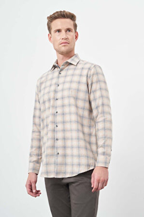 Turuncu Uzun Kol Ekose Desen Gabardin Sert Yaka Cepsiz Pamuklu Classic Comfort Fit Gömlek 1004245165