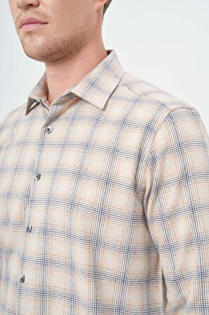 Turuncu Uzun Kol Ekose Desen Gabardin Sert Yaka Cepsiz Pamuklu Classic Comfort Fit Gömlek 1004245165