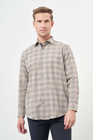 Camel Uzun Kol Ekose Desen Gabardin Sert Yaka Cepsiz Pamuklu Classic Comfort Fit Gömlek 1004245165