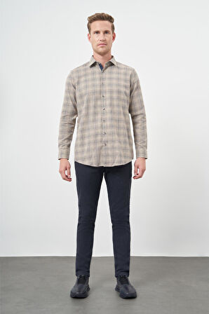 Camel Uzun Kol Ekose Desen Gabardin Sert Yaka Cepsiz Pamuklu Classic Comfort Fit Gömlek 1004245165