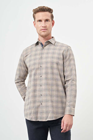 Camel Uzun Kol Ekose Desen Gabardin Sert Yaka Cepsiz Pamuklu Classic Comfort Fit Gömlek 1004245165
