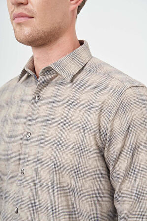 Camel Uzun Kol Ekose Desen Gabardin Sert Yaka Cepsiz Pamuklu Classic Comfort Fit Gömlek 1004245165