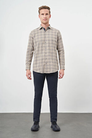 Camel Uzun Kol Ekose Desen Gabardin Sert Yaka Cepsiz Pamuklu Classic Comfort Fit Gömlek 1004245165