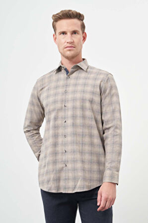 Camel Uzun Kol Ekose Desen Gabardin Sert Yaka Cepsiz Pamuklu Classic Comfort Fit Gömlek 1004245165