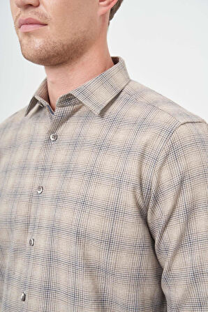 Camel Uzun Kol Ekose Desen Gabardin Sert Yaka Cepsiz Pamuklu Classic Comfort Fit Gömlek 1004245165