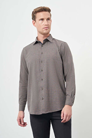 Koyu Kahverengi Uzun Kol Kareli Desen Gabardin Sert Yaka Cepsiz Pamuklu Classic Comfort Fit Gömlek 1004245166