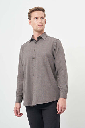 Koyu Kahverengi Uzun Kol Kareli Desen Gabardin Sert Yaka Cepsiz Pamuklu Classic Comfort Fit Gömlek 1004245166