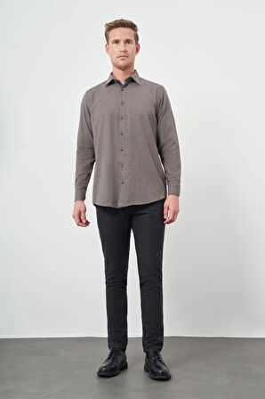 Koyu Kahverengi Uzun Kol Kareli Desen Gabardin Sert Yaka Cepsiz Pamuklu Classic Comfort Fit Gömlek 1004245166