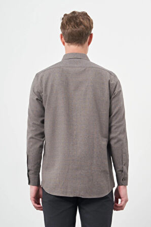 Koyu Kahverengi Uzun Kol Kareli Desen Gabardin Sert Yaka Cepsiz Pamuklu Classic Comfort Fit Gömlek 1004245166