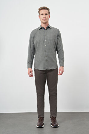 Koyu Haki Uzun Kol Kareli Desen Gabardin Sert Yaka Cepsiz Pamuklu Classic Comfort Fit Gömlek 1004245166