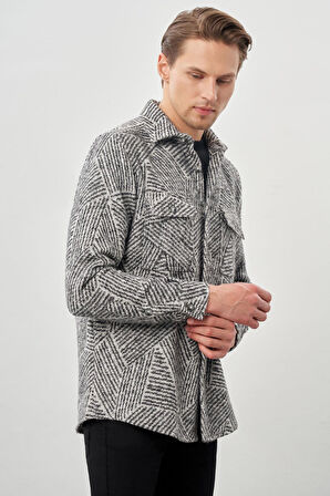 Siyah Uzun Kol Kendinden Desenli Gabardin Sert Yaka Kapaklı Cep Pamuklu Classic Comfort Fit Gömlek 1004245167