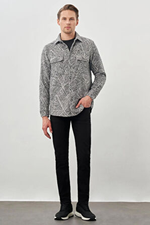 Siyah Uzun Kol Kendinden Desenli Gabardin Sert Yaka Kapaklı Cep Pamuklu Classic Comfort Fit Gömlek 1004245167