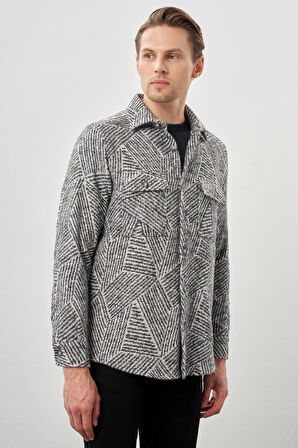 Siyah Uzun Kol Kendinden Desenli Gabardin Sert Yaka Kapaklı Cep Pamuklu Classic Comfort Fit Gömlek 1004245167