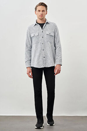 Koyu Mavi Uzun Kol Kendinden Desenli Gabardin Sert Yaka Kapaklı Cep Pamuklu Classic Comfort Fit Gömlek 1004245167