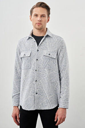 Koyu Mavi Uzun Kol Kendinden Desenli Gabardin Sert Yaka Kapaklı Cep Pamuklu Classic Comfort Fit Gömlek 1004245167