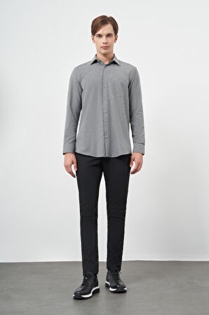 Füme Uzun Kol Düz Gabardin Sert Yaka Cepli Pamuklu Classic Comfort Fit Gömlek 1004245168