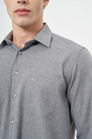 Füme Uzun Kol Düz Gabardin Sert Yaka Cepli Pamuklu Classic Comfort Fit Gömlek 1004245168