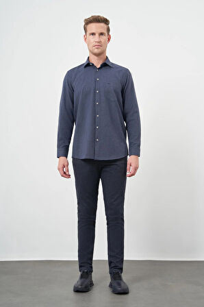 Koyu Lacivert Uzun Kol Düz Gabardin Sert Yaka Cepli Pamuklu Classic Comfort Fit Gömlek 1004245168