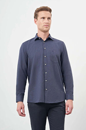 Koyu Lacivert Uzun Kol Düz Gabardin Sert Yaka Cepli Pamuklu Classic Comfort Fit Gömlek 1004245168