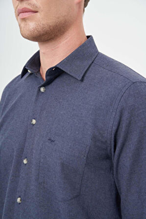 Koyu Lacivert Uzun Kol Düz Gabardin Sert Yaka Cepli Pamuklu Classic Comfort Fit Gömlek 1004245168